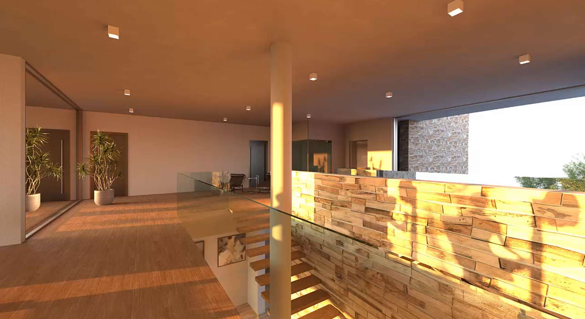 Modernes Innenarchitektur mit sanfter Sonnenuntergangsbeleuchtung